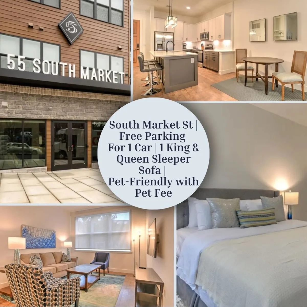 The image showcases a stylish, open-concept living space with a modern kitchen, a plush sofa in the living area, and a glimpse of the inviting bedroom setup. The room is bathed in natural light, emphasizing its airy, welcoming atmosphere. The scene hints at cozy evenings spent relaxing, preparing meals, or enjoying time with loved ones, with subtle cues that the property is pet-friendly.